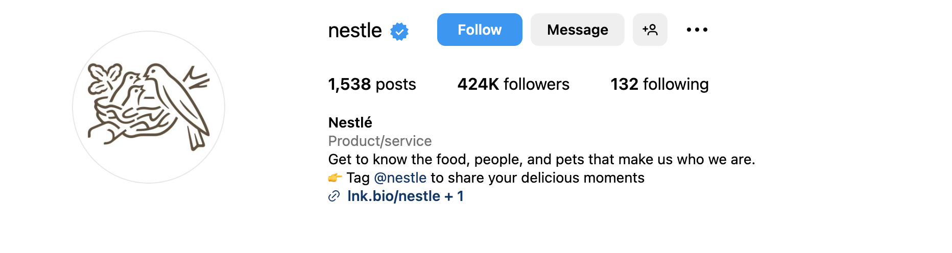 A screenshot of Nestle's Instagram bio asking for UGC