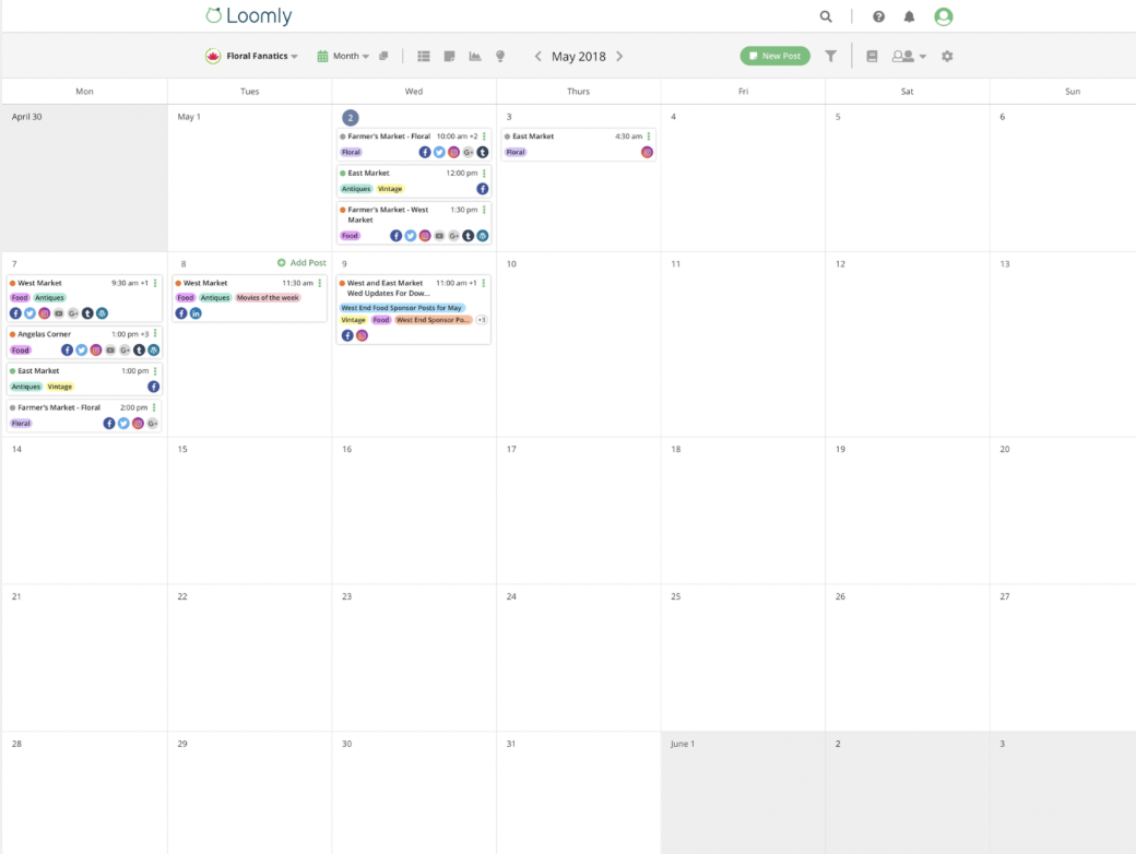 calendar view with different content scheduled on Loomly