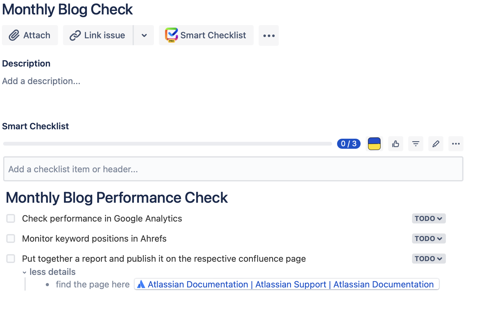Jira issue with a checklist template