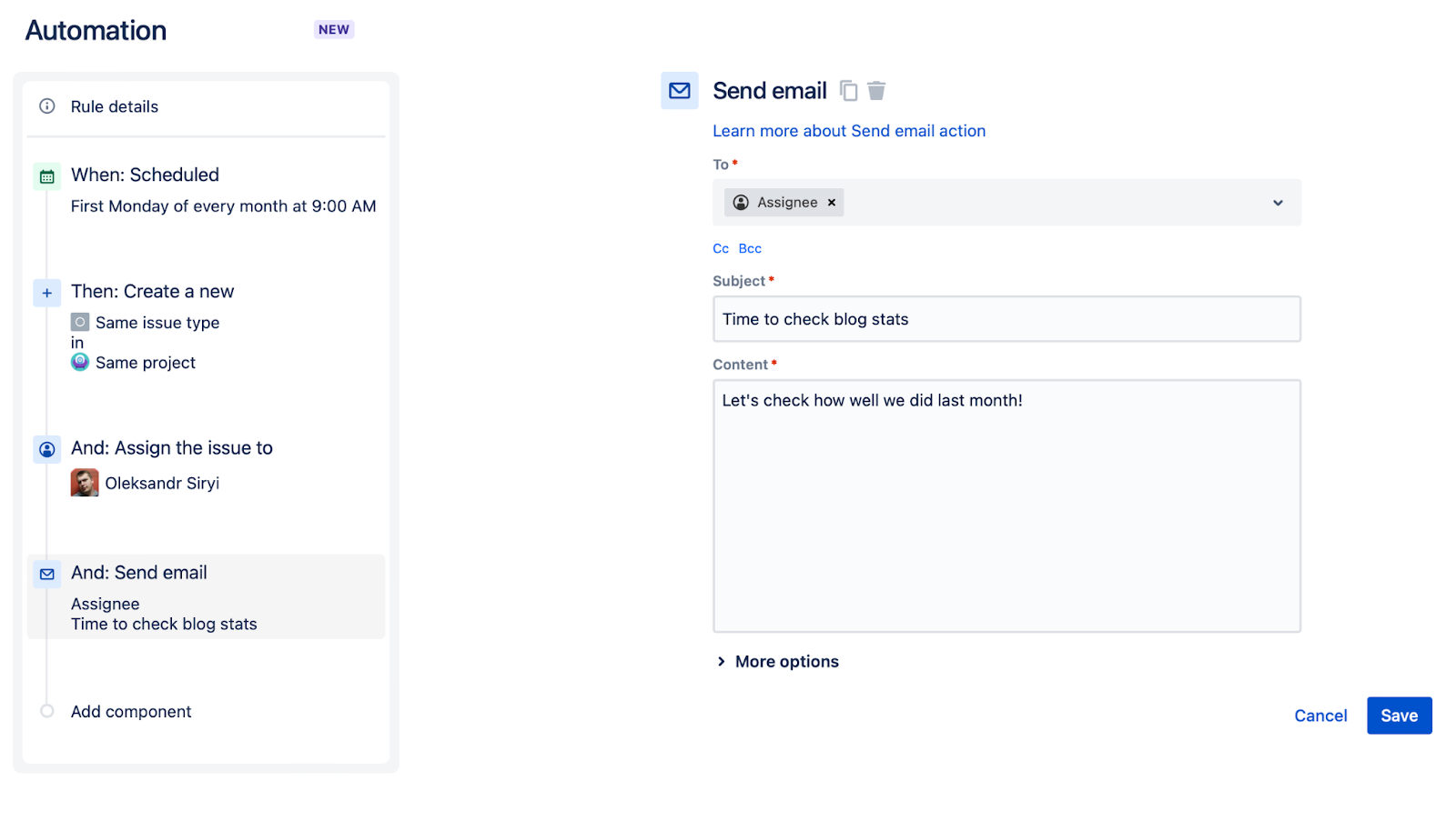 Automation rule action: send email