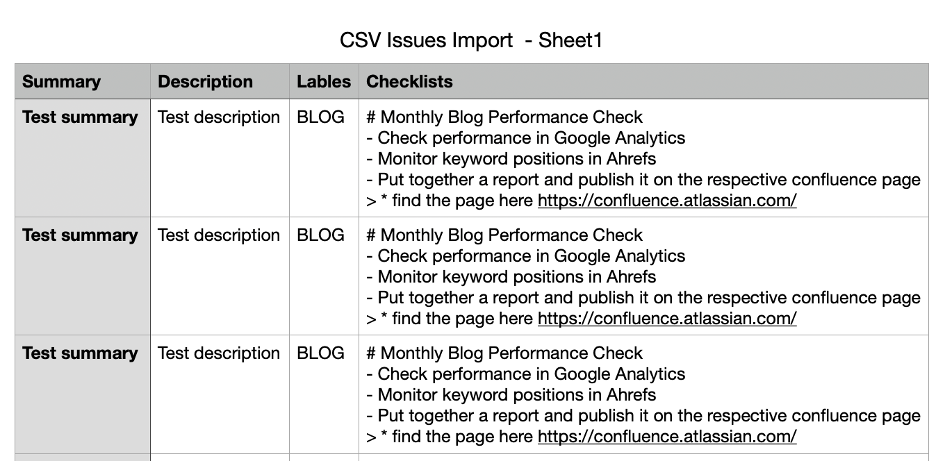 CSV file with Jira issues