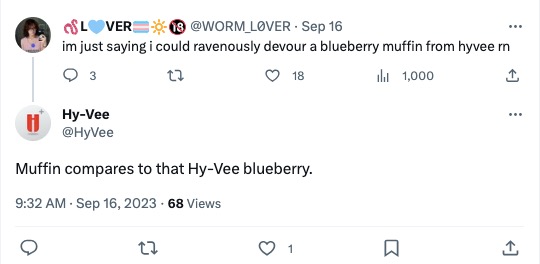 A screenshot of an X (formerly known as Twitter) post from Hy-Vee, responding to one of their fans craving a Hy-Vee blueberry message. They replied, 