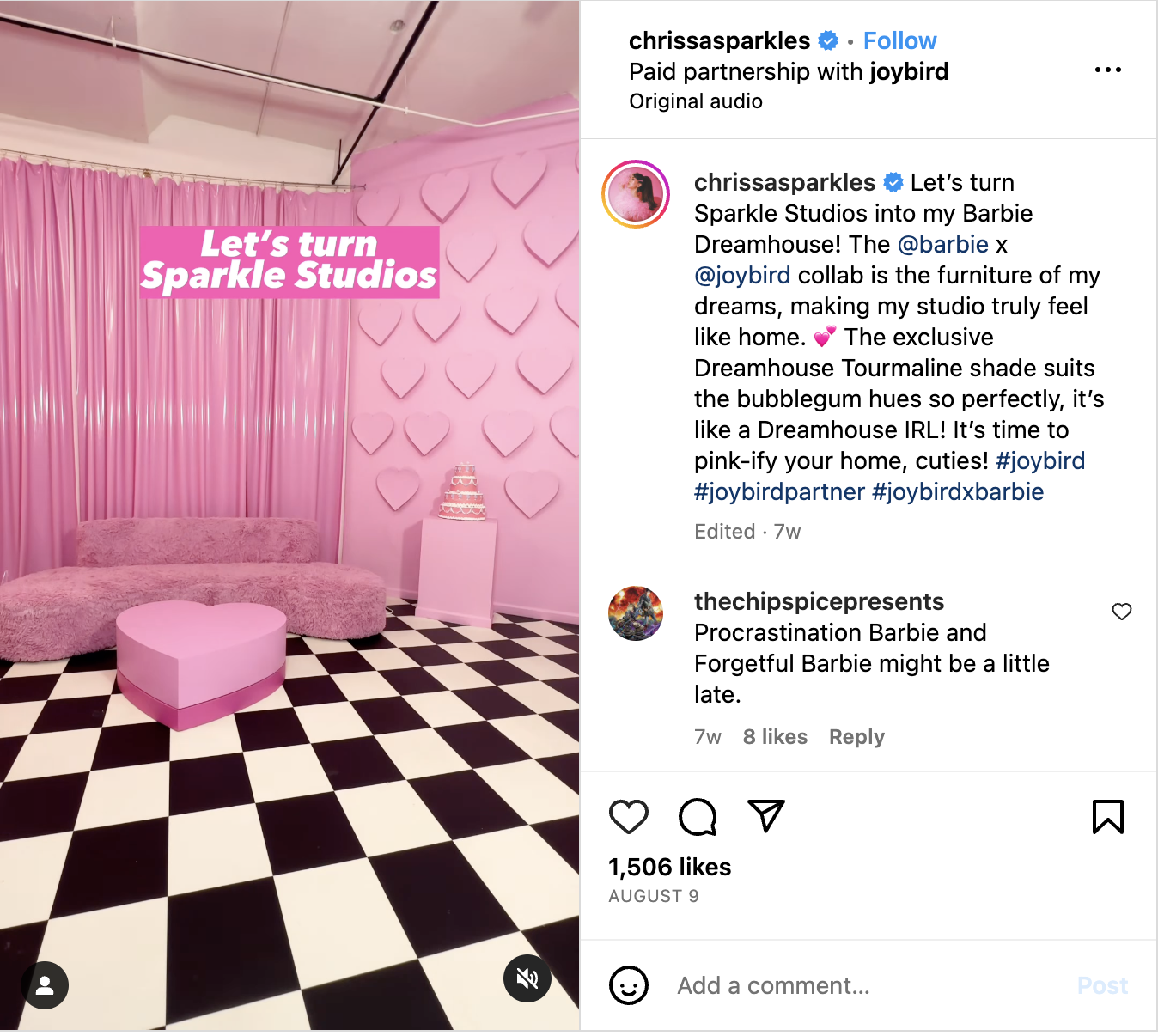 @ChrissaSparkles' Instragram Reel where she transforms her studio into a Barbie Dreamhouse for her collaboration with Joybird.