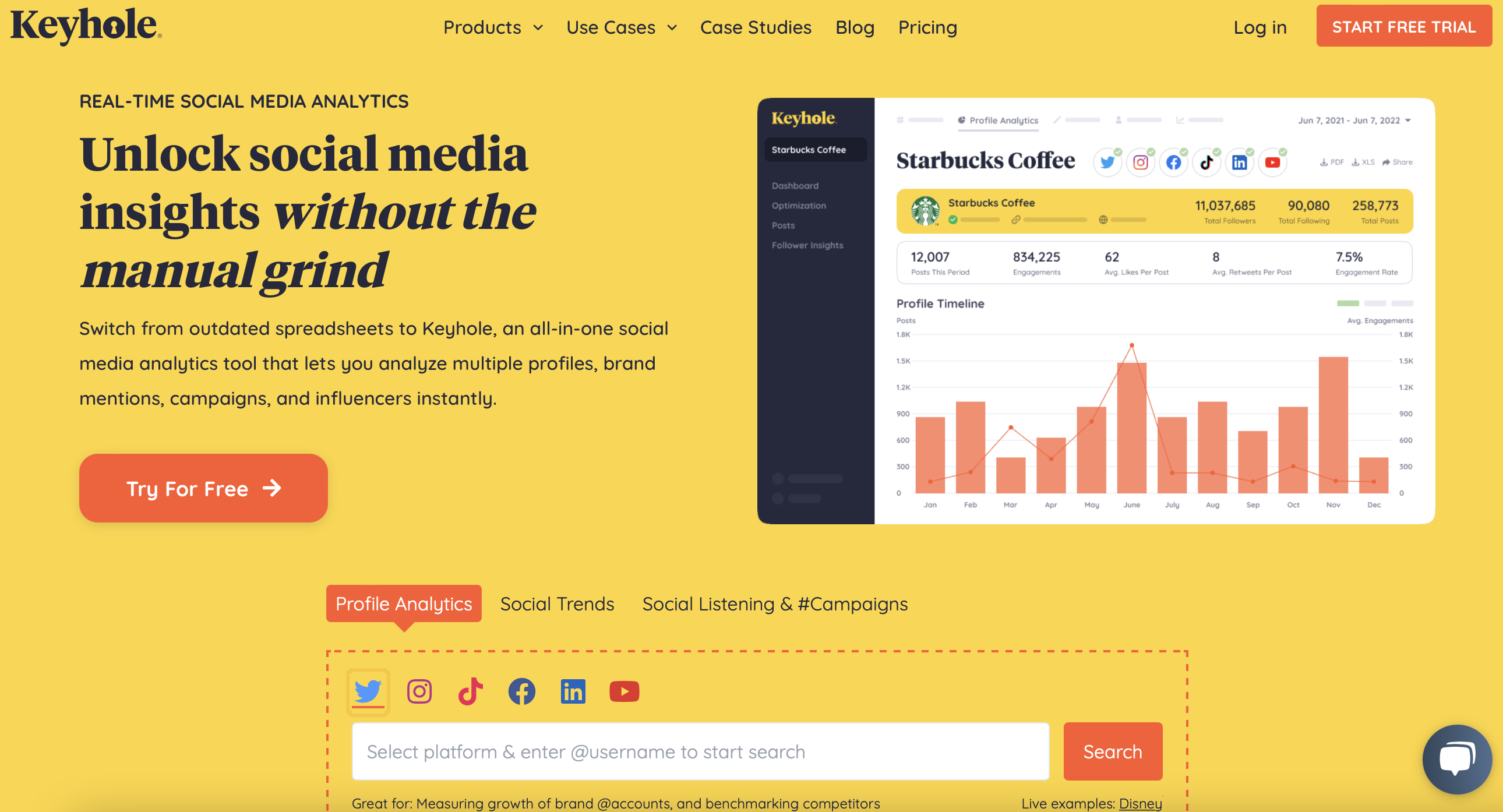 keyhole homepage showing a preview of a profile analytics for starbucks coffee and text that reads "unlock social media insights without the manual grind"
