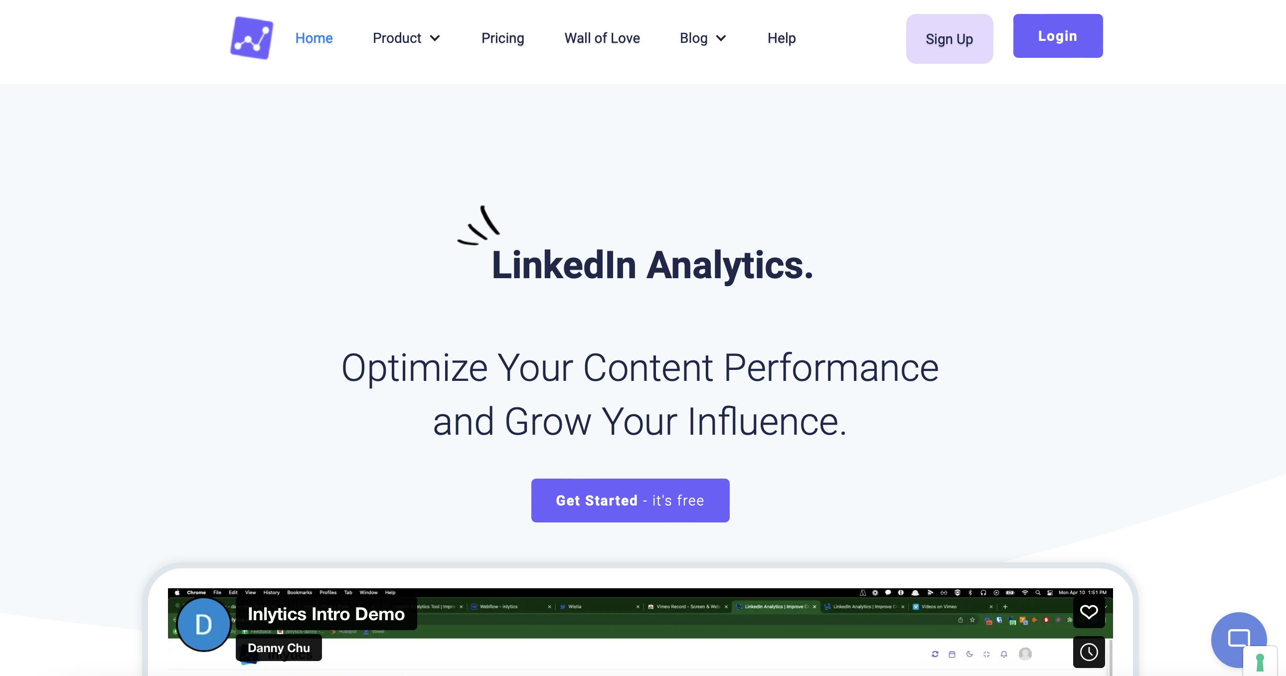 Inlytics homepage with text that reads "LinkedIn analytics. Optimize your content performance and grow your influence"