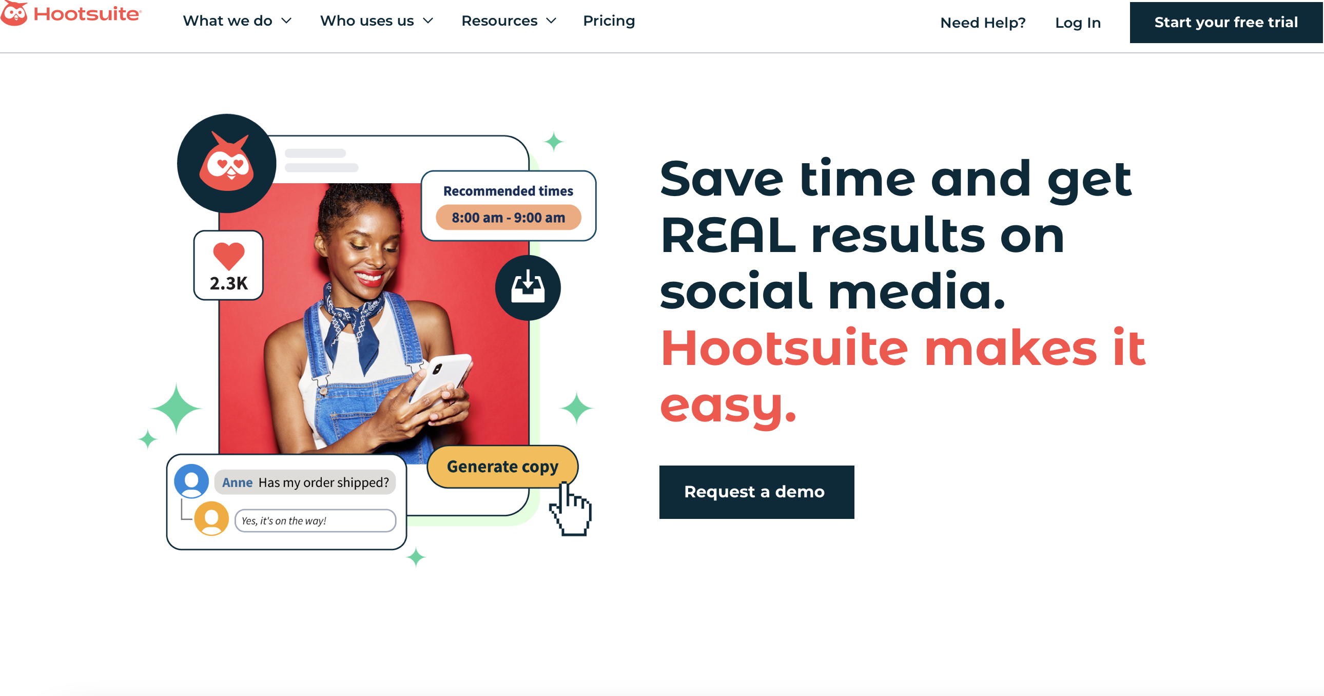 hootsuite homepage showing a smiling woman surrounded by graphic representations of metrics and features next to text that reads "save time and get REAL results on social media. Hootsuite makes it easy."