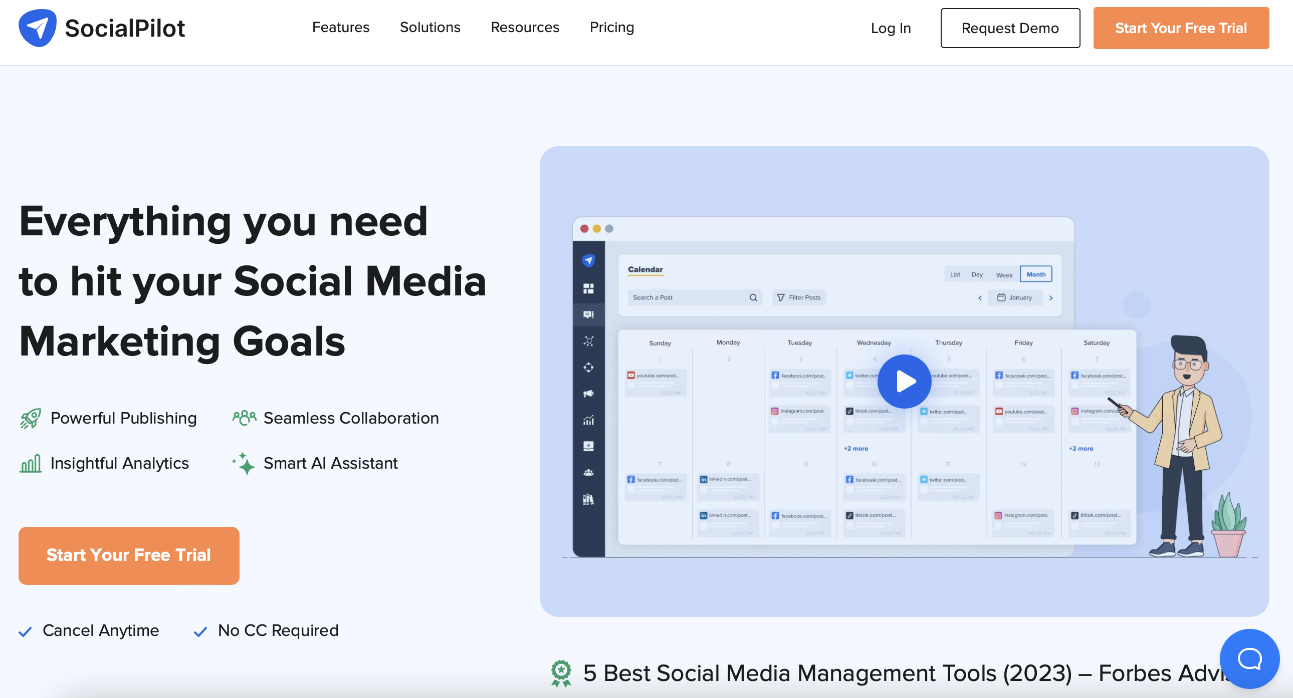 socialpilot homepage showing a cartoon character pointing to a graph next to text that reads "everything you need to hit your social media marketing goals"