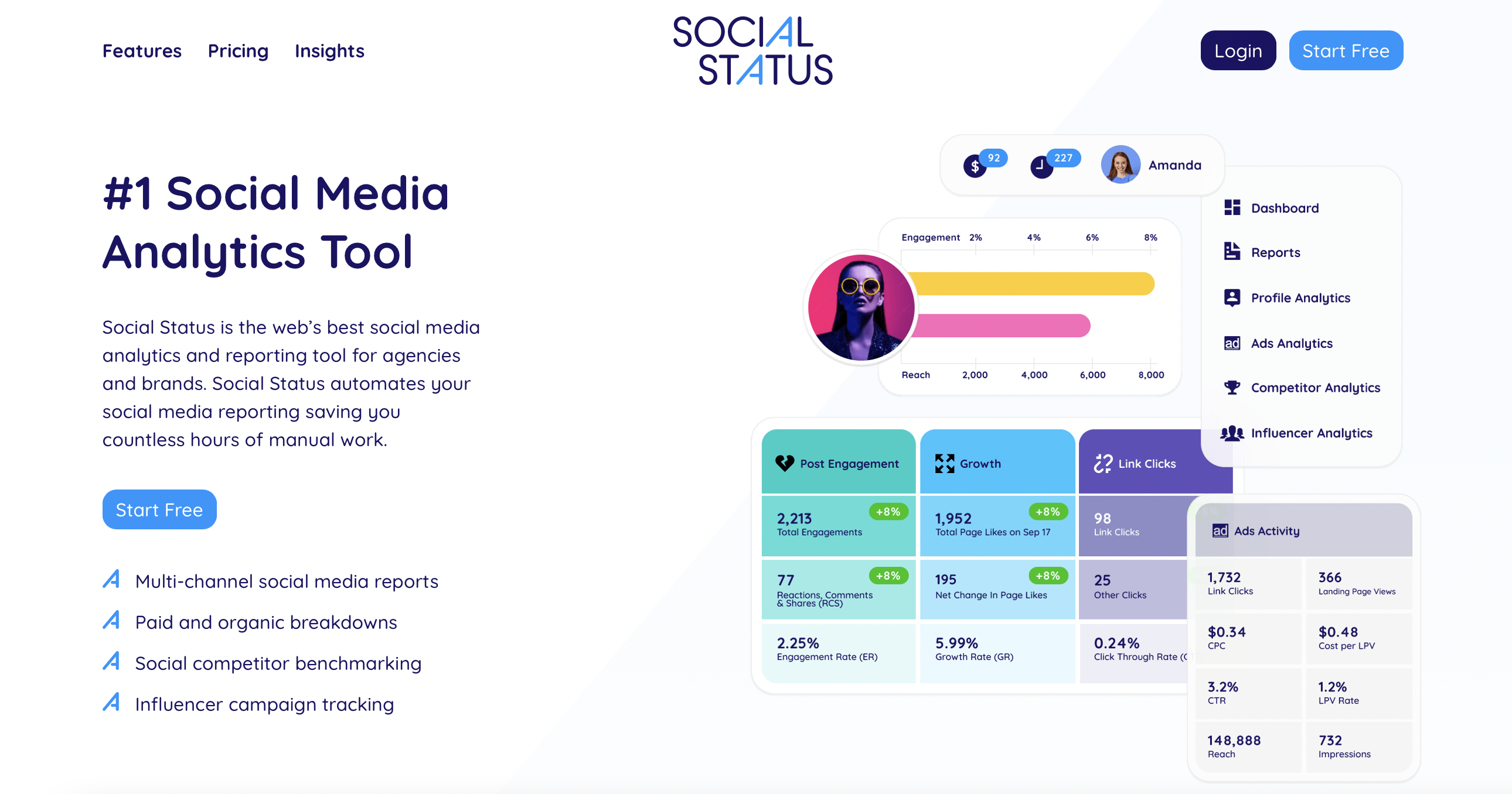 social status homepage with a sample analysis next to text that reads "#1 social media analytics tool"