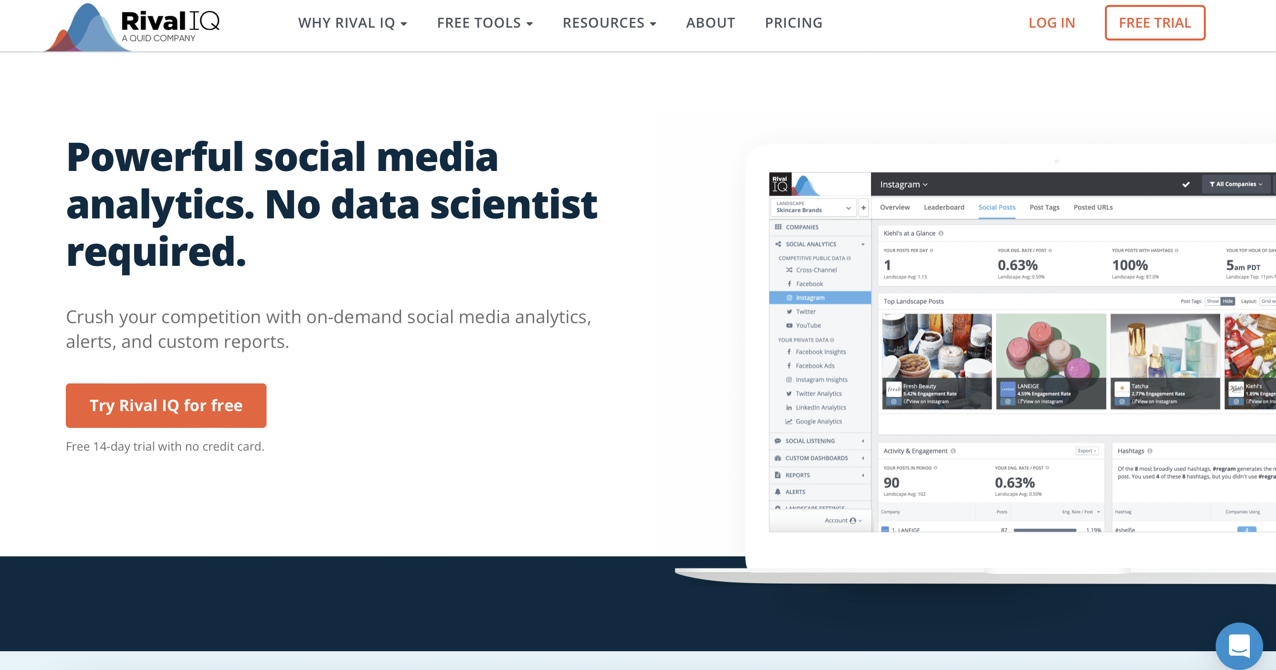 rival IQ homepage with a preview of the dashboard next to text that reads "powerful social media analytics. No data scientist required."
