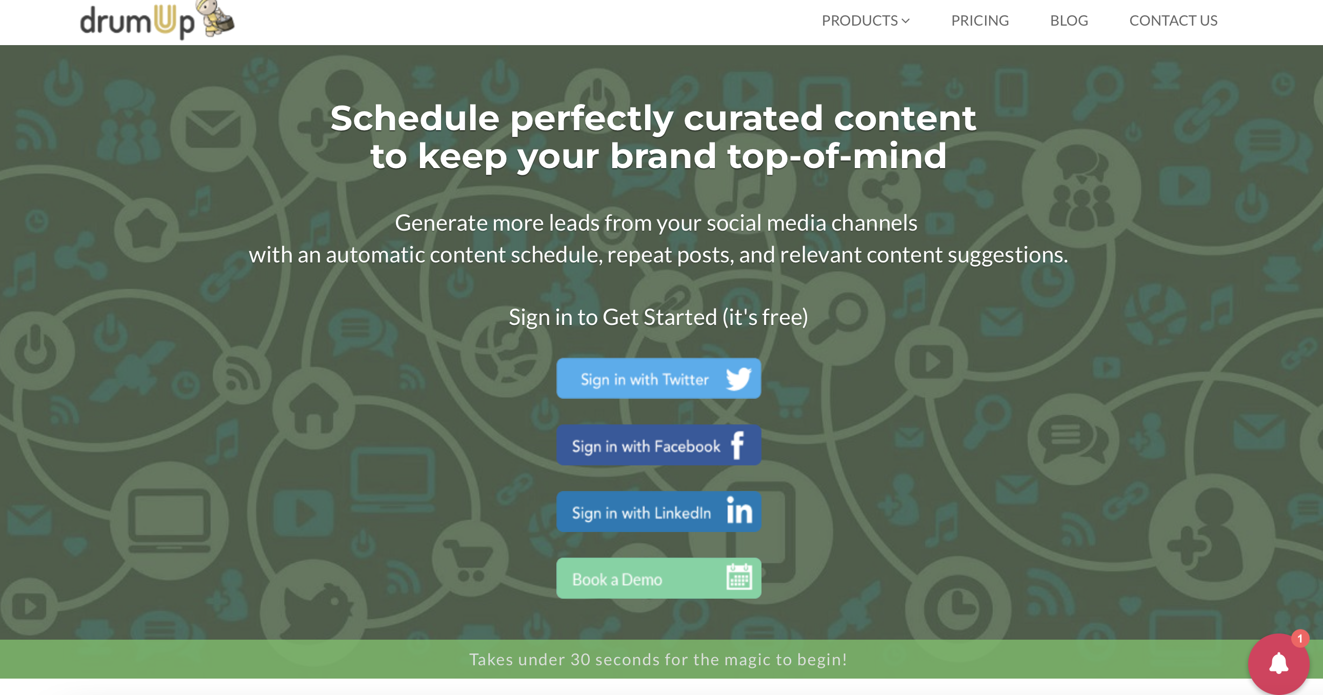 Drum Up homepage showing text that reads "schedule perfectly curated content to keep your brand top-of-mind"
