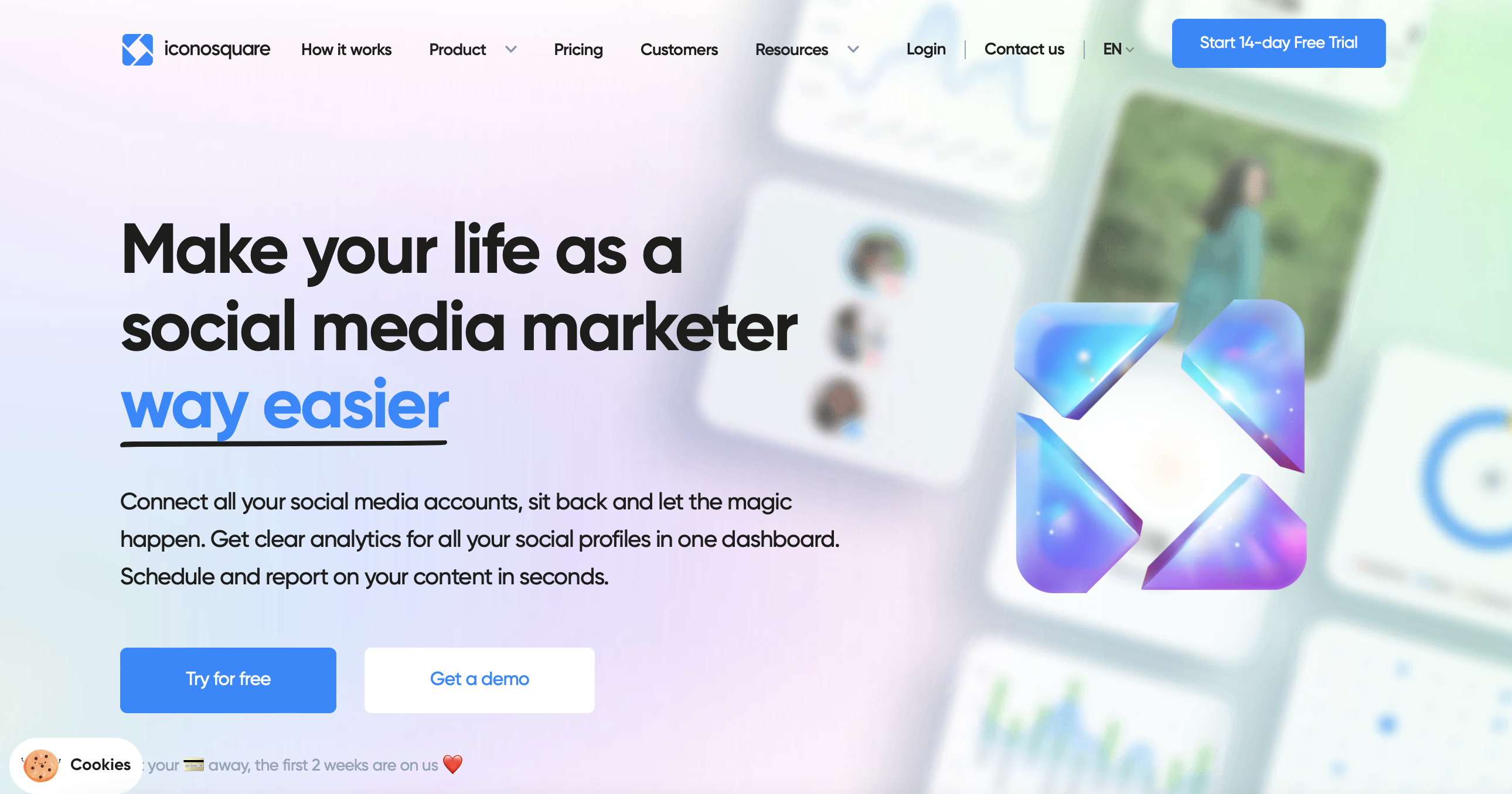 iconosquare homepage showing a 3D rendering of the brand logo next to text that reads "make your life as a social media marketer way easier"