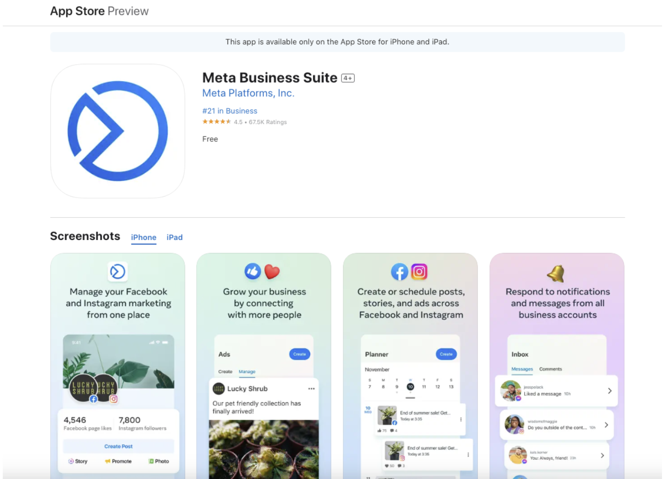 A screenshot of the App Store preview of Meta Business Suite. The image shows four preview boxes that inform the user of the features available such as Manage your Facebook and Instagram marketing from one place and Grow your business by connecting with more people. 