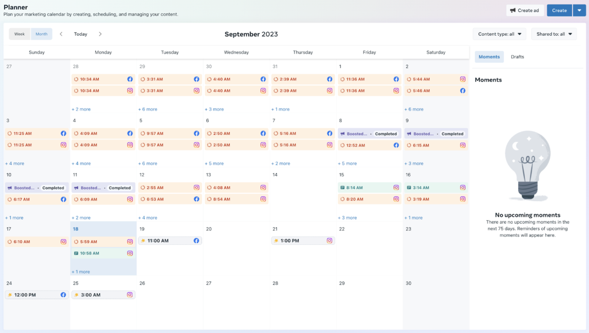 Monthly Planner view in Creator Studio. The image shows content planned for the month of September 2023. 