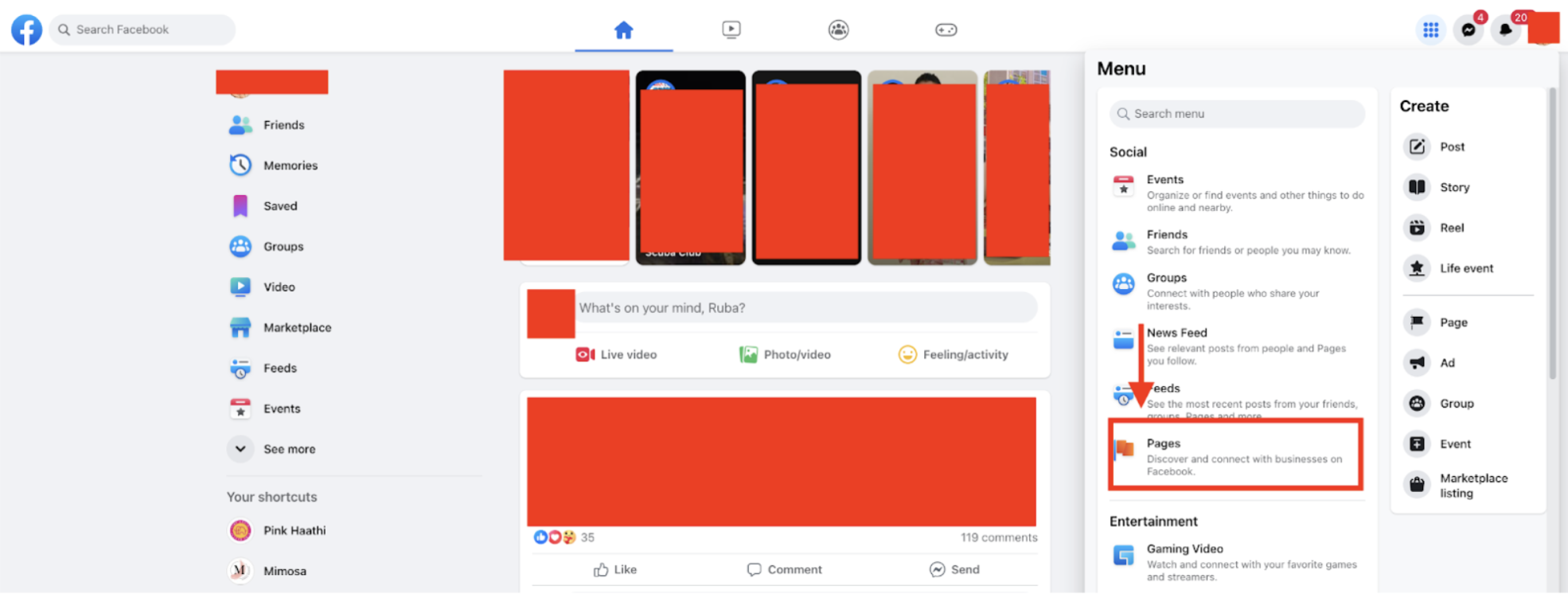 Preview of Facebook homepage. The image shows the homepage of a personal Facebook with an arrow and box highlighting where you can find the Pages tab. 
