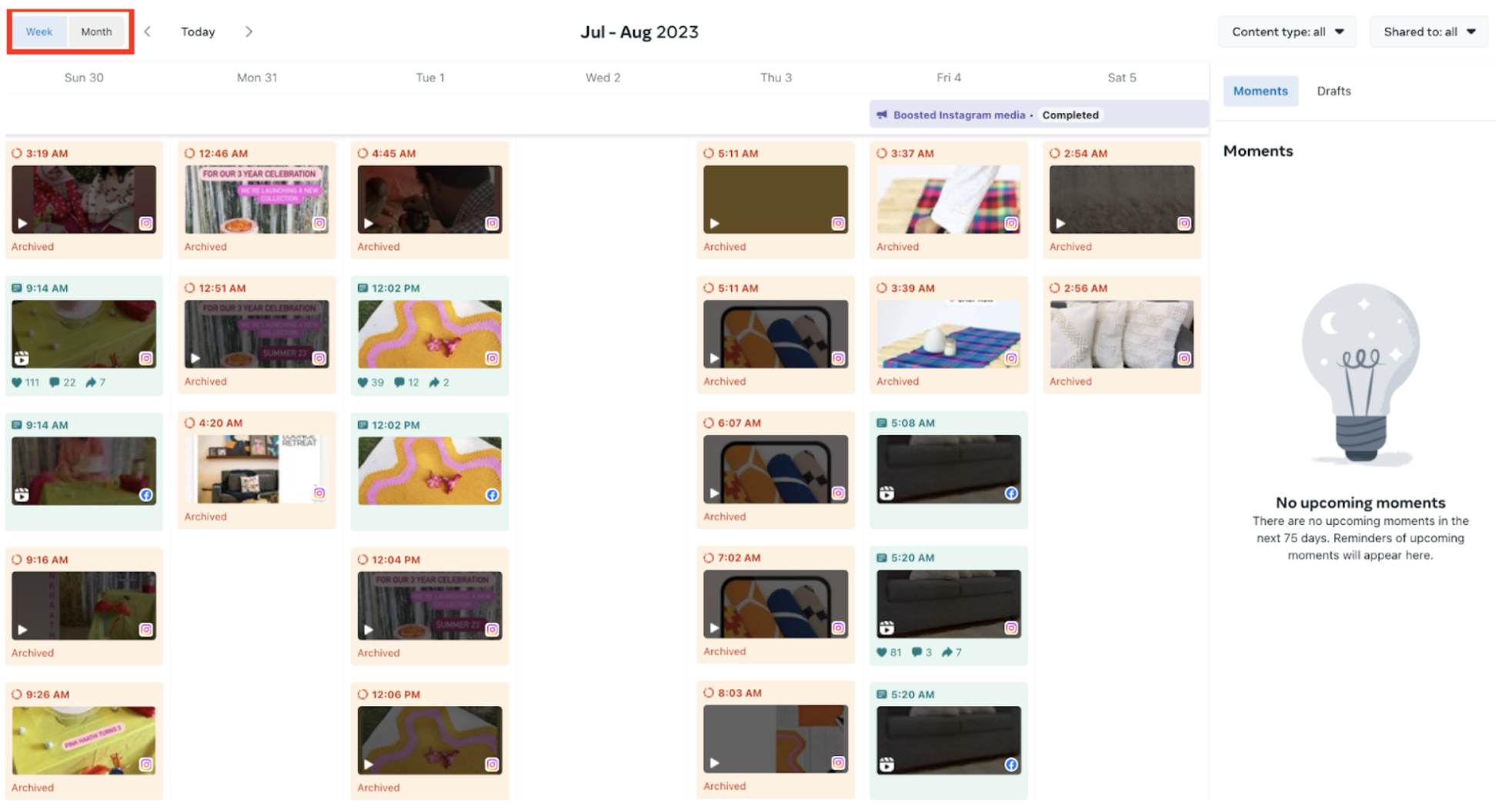 Weekly Planner view in Creator Studio. The image shows the content planned from July to August 2023.