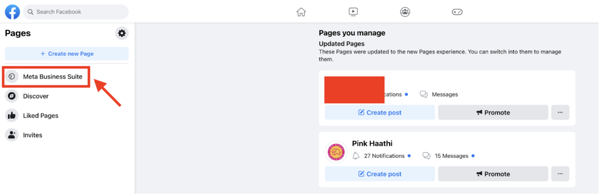 How to access Meta Business Suite from Facebook Pages. The image shows the Pages feed with an arrow and box guiding where you can find Meta Business Suite.