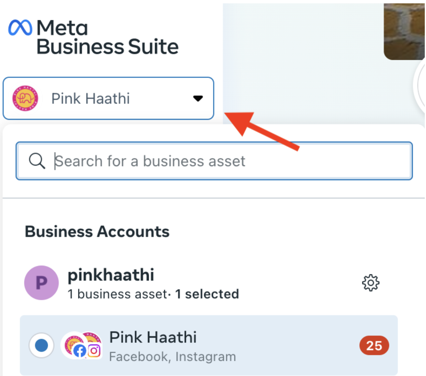 How to change Pages in Creator Studio. The image shows an arrow pointing to the page dropdown menu on Meta Business Suite. 