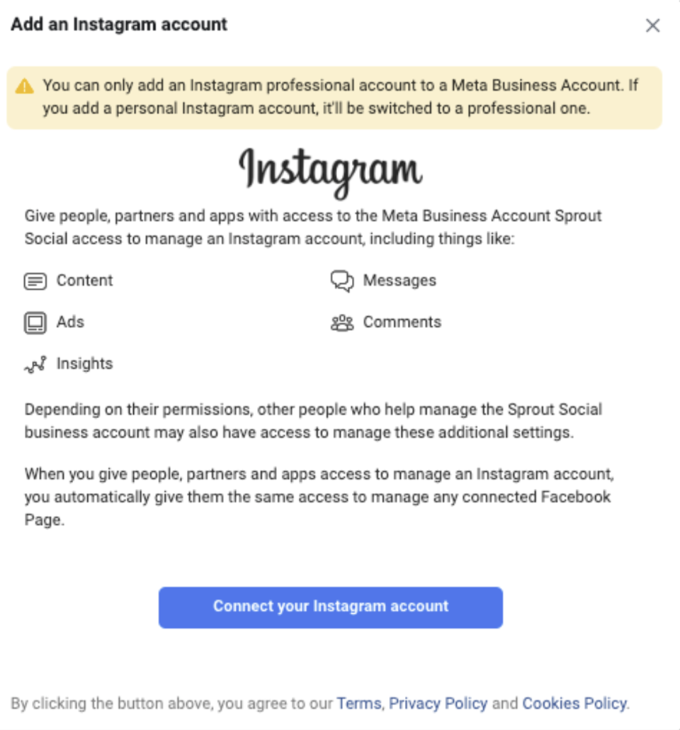 Preview of how to add Instagram account to Meta Business Suite. The image includes a button that says "Connect your Instagram account."