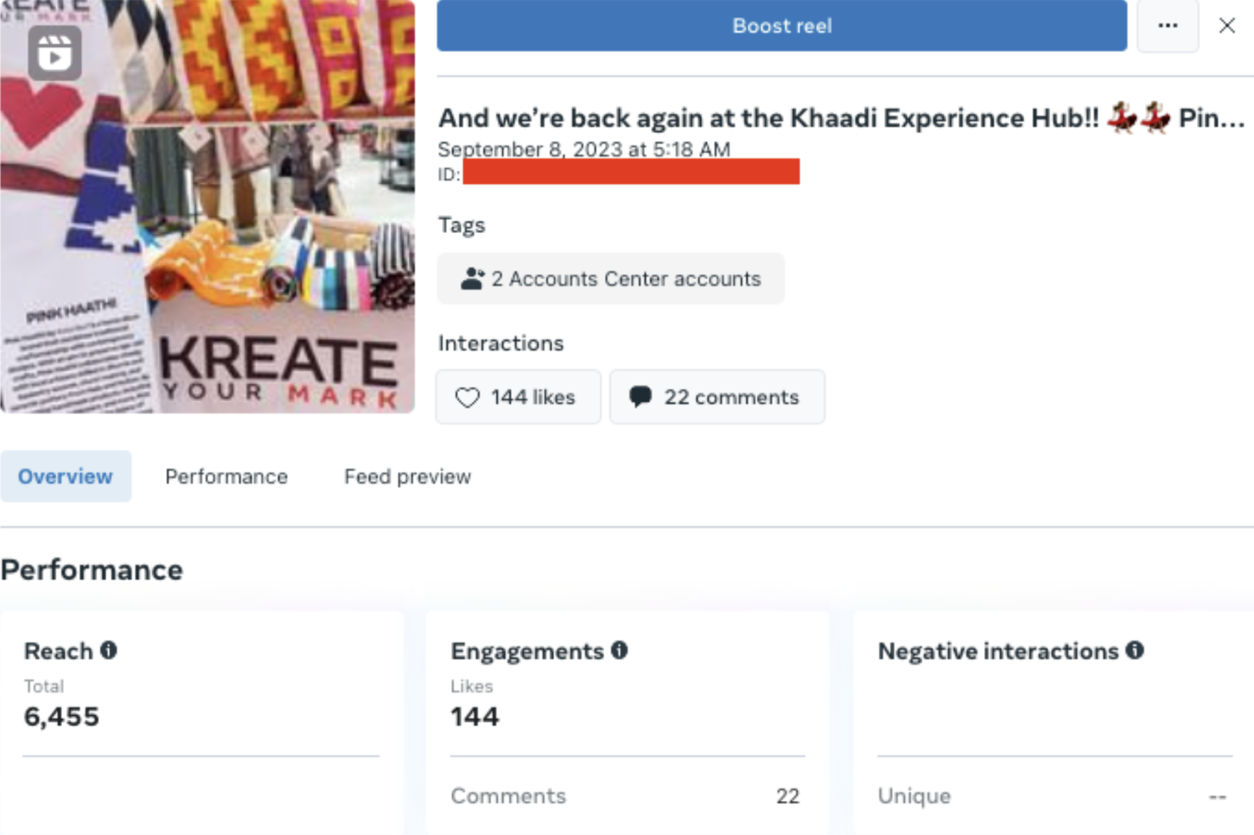 Preview of post insights in Creator Studio. The image shows the insights of a reel with information such as reach, engagements, likes and comments.