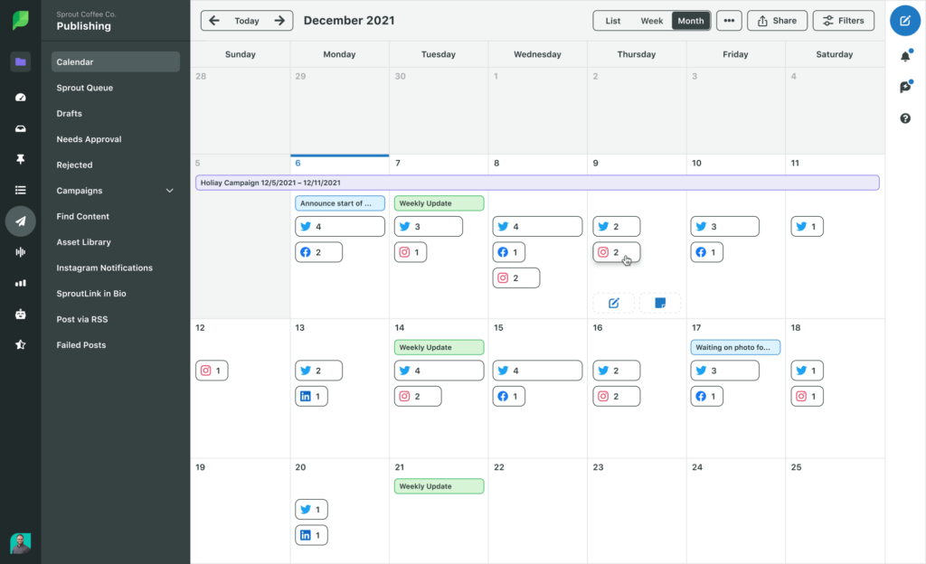 A screenshot of the publishing calendar in Sprout Social where posts are plotted out in each day in the monthly view.