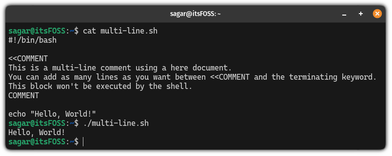 Use multi-line comments in bash using << and delimeter