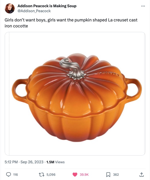 A screenshot of an X post from user @Addison_Peacock. The posts reads, “Girls don’t want boys, girls want the pumpkin shaped La creuset cast iron cocotte”.