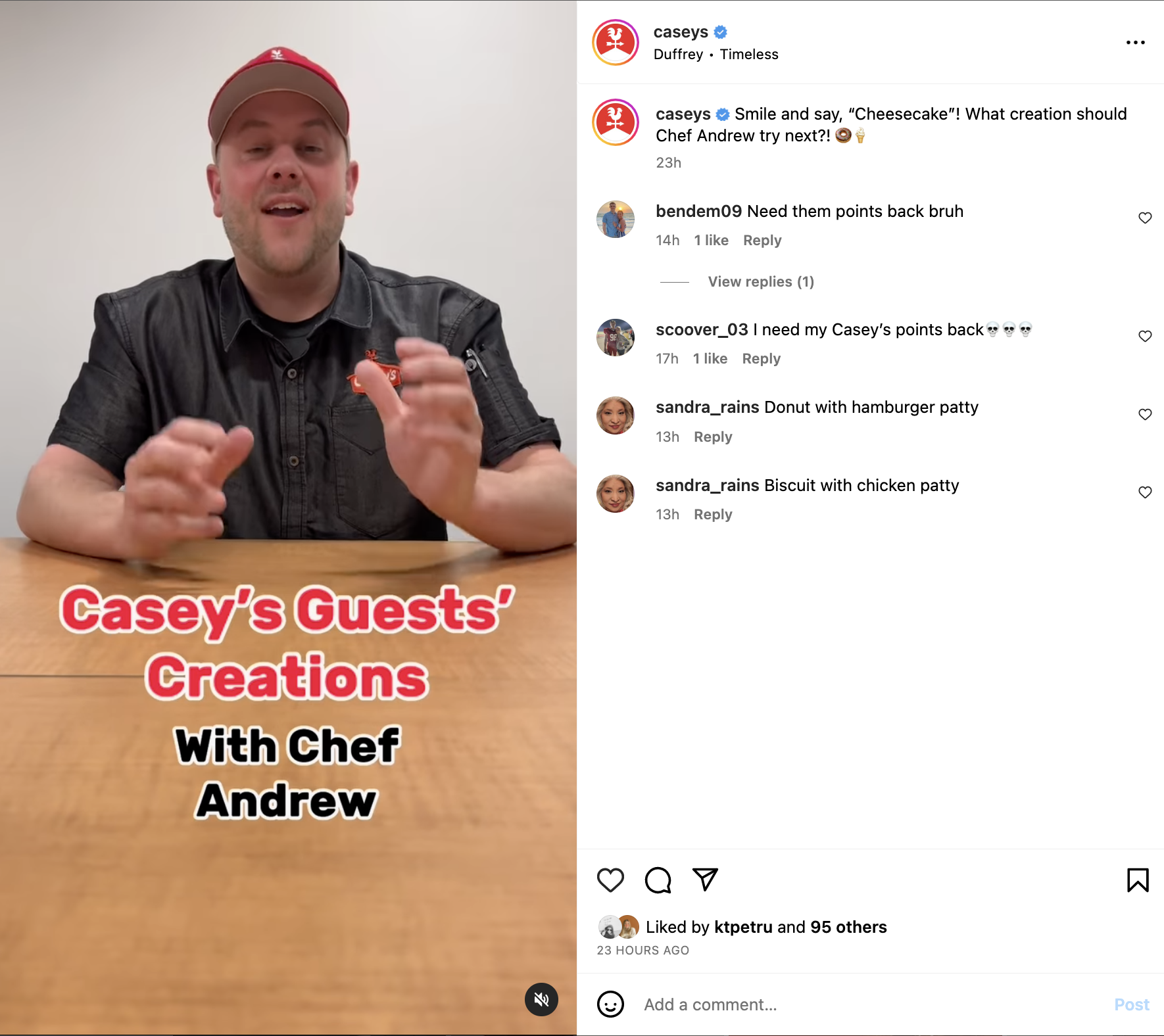 A screenshot of a TikTok from Casey's featuring their content series. "Casey's Guests' Creations with Chef Andrew". 