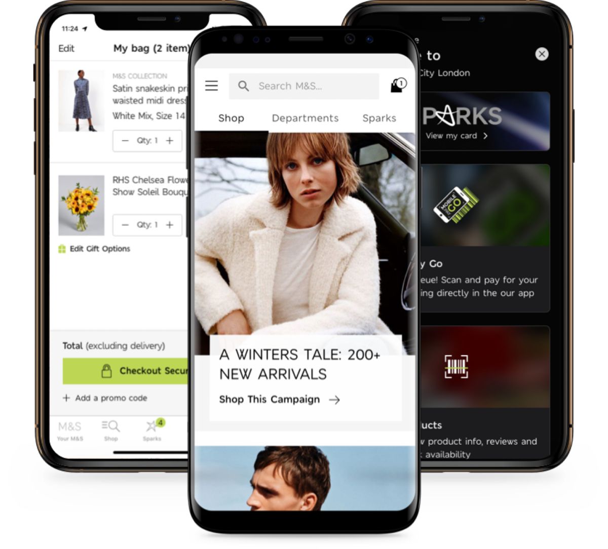 Three iPhone UX mock-ups of the Marks & Spencer Sparks app. The first features a checkout flow, the second features the app home page and the third features a list of Sparks benefits. 