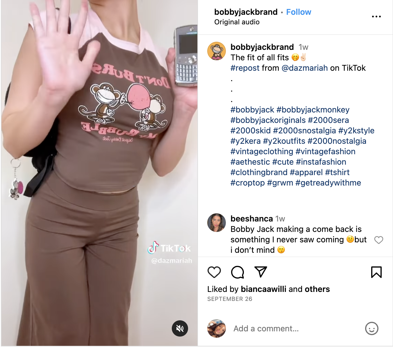 Bobby Jack Instagram Reel featuring one of their most well-known outfits: brown gauchos, a Bobby Jack tee and a tiny backpack. The comments reflect people enjoy the brand's modern comeback.