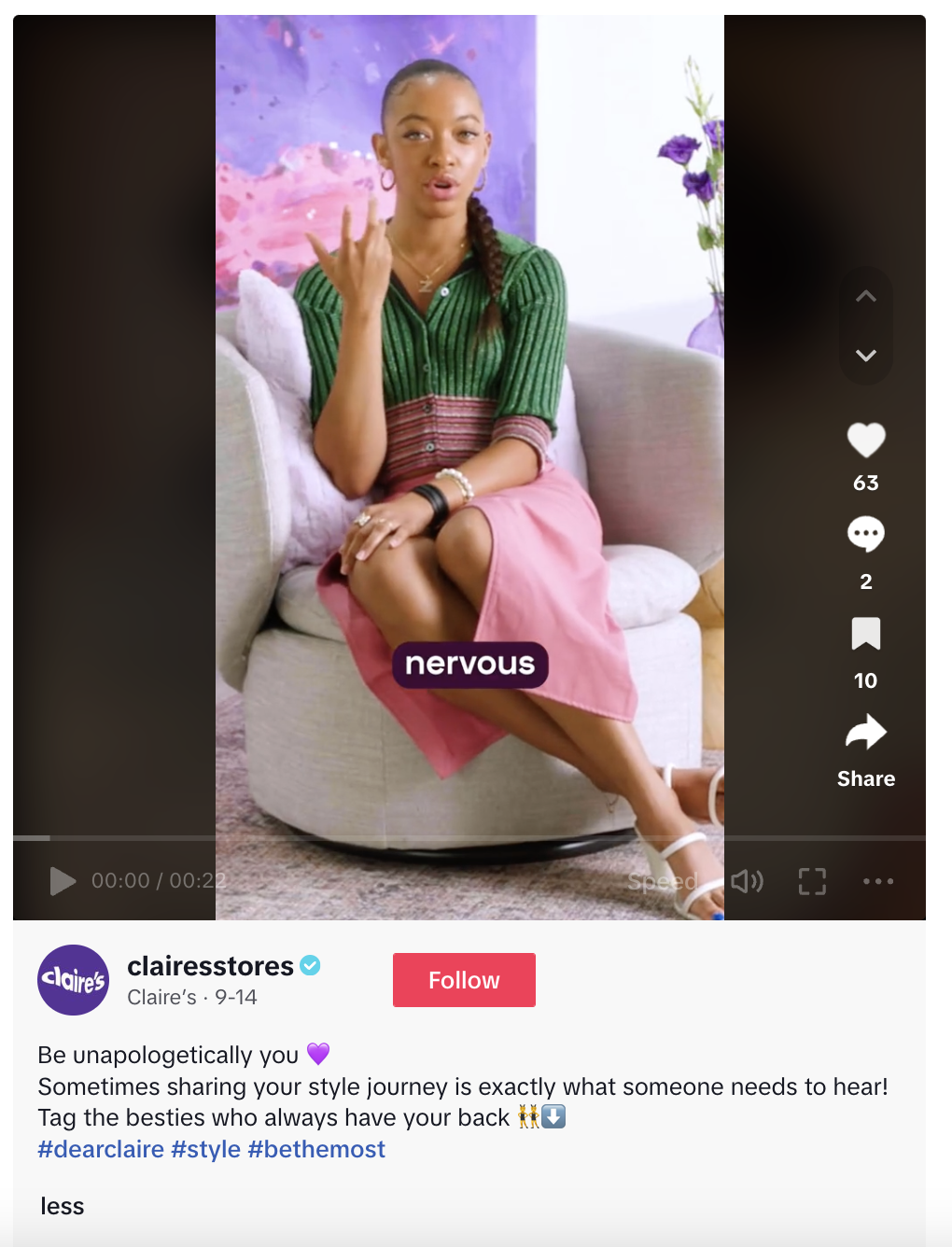 A TikTok video featuring a clip from Claire's #DearClaire docuseries. The caption encourages viewers to tag their "besties" in the comment section. 