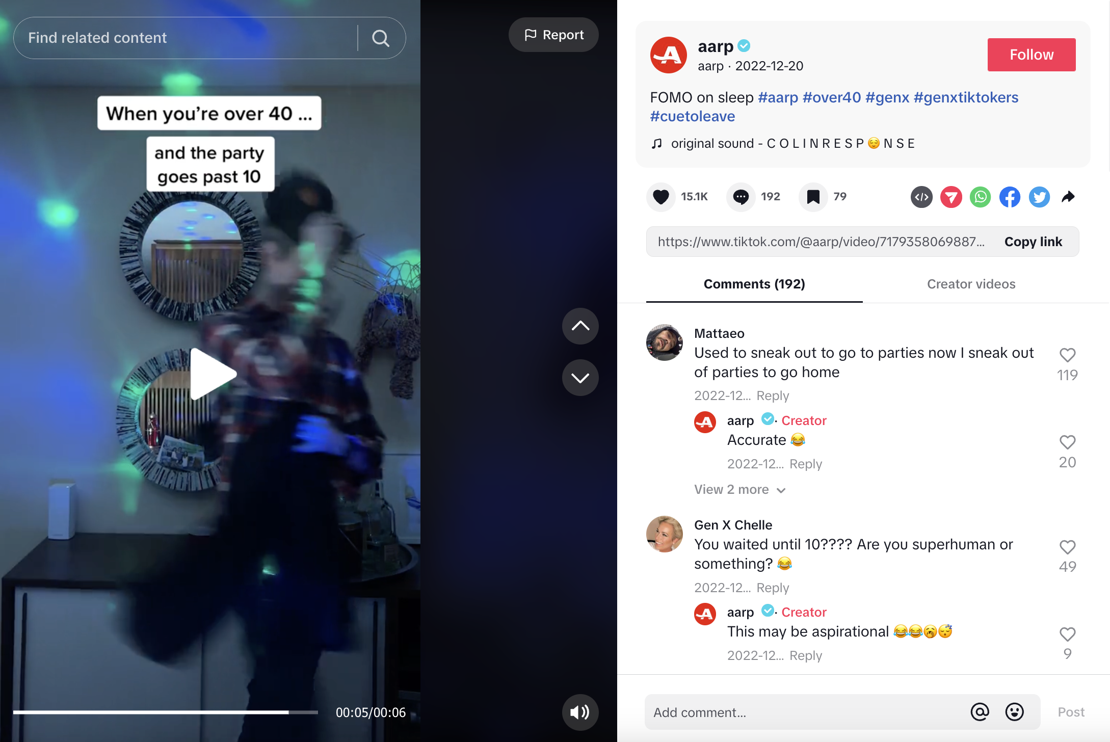 A TikTok video from AARP showing what happens when you're over 40 and the party goes past 10. The creator on screen is shown gathering his items and leaving the party. The caption reads,"FOMO on sleep #aarp #over40 #genx #genxtiktokers #cuetoleave."