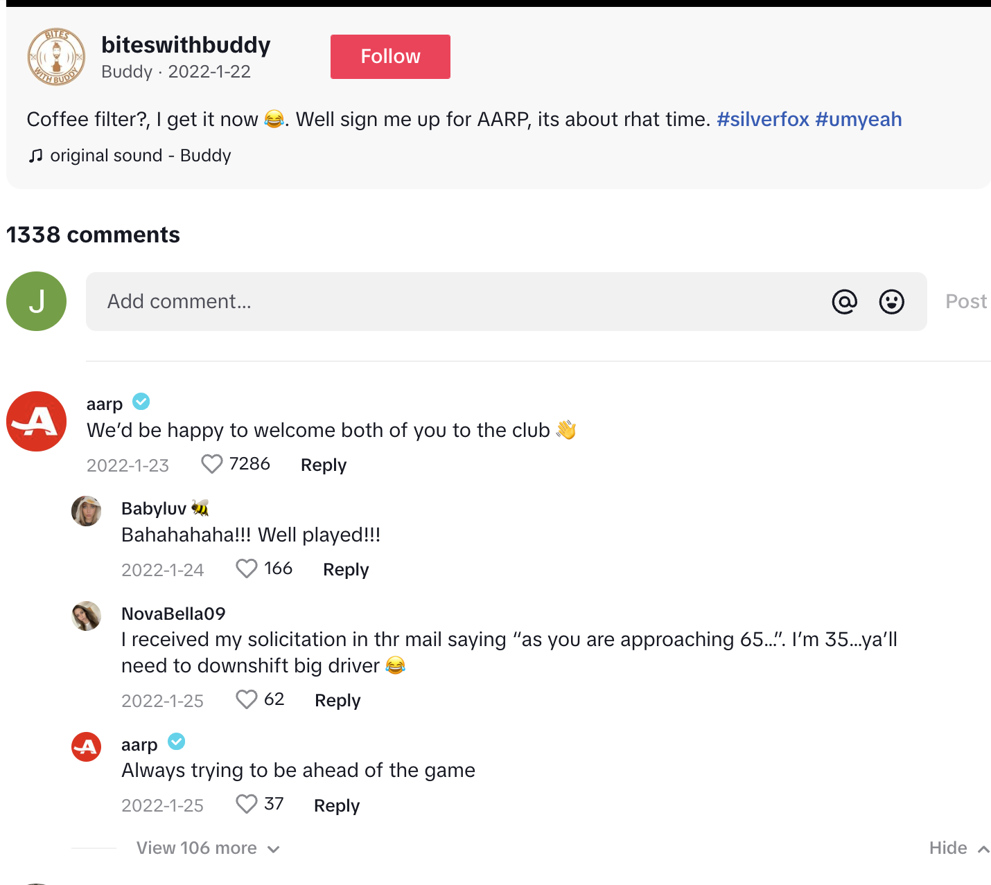 An AARP response in the TikTok comment section to a tagged about a creator signing up for a membership. The comment says, "We'd be happy to welcome both of you to the club." Several users interact with this comment with positive sentiments.
