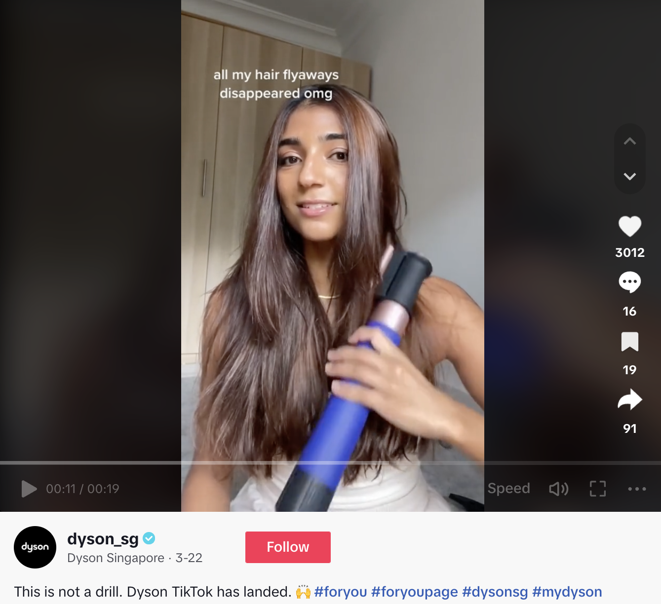A TikTok video from Dyson Singapore featuring several user reviews. The caption reads, "This is not a drill. Dyson TikTok has landed."