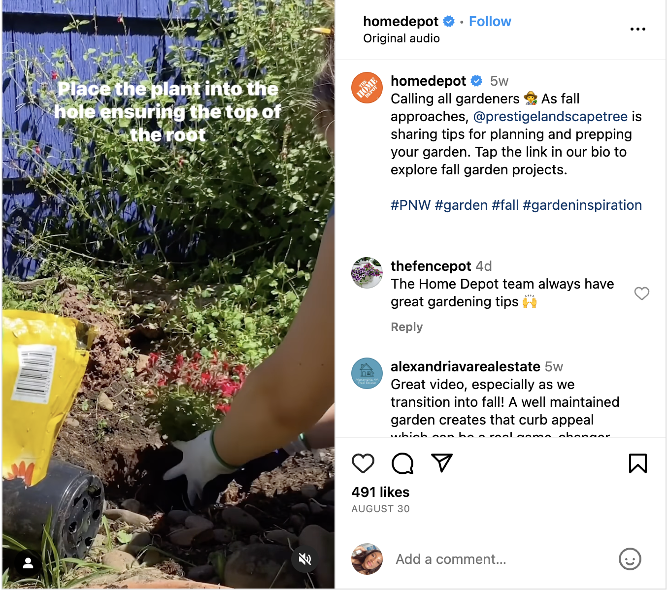 An Instagram Reel from The Home Depot showcasing garden prep tips. The caption says, "Calling all gardeners, as fall approaches, @PrestigeLandscapeTree is sharing tips for planning and prepping your garden. Tap the link in our bio to explore fall garden projects." The comments section features several users praising The Home Deport for its gardening content.