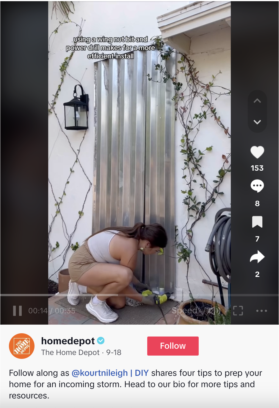 A TikTok video from The Home Depot featuring Kourtni Muñoz sharing her four tips for prepping for a storm.