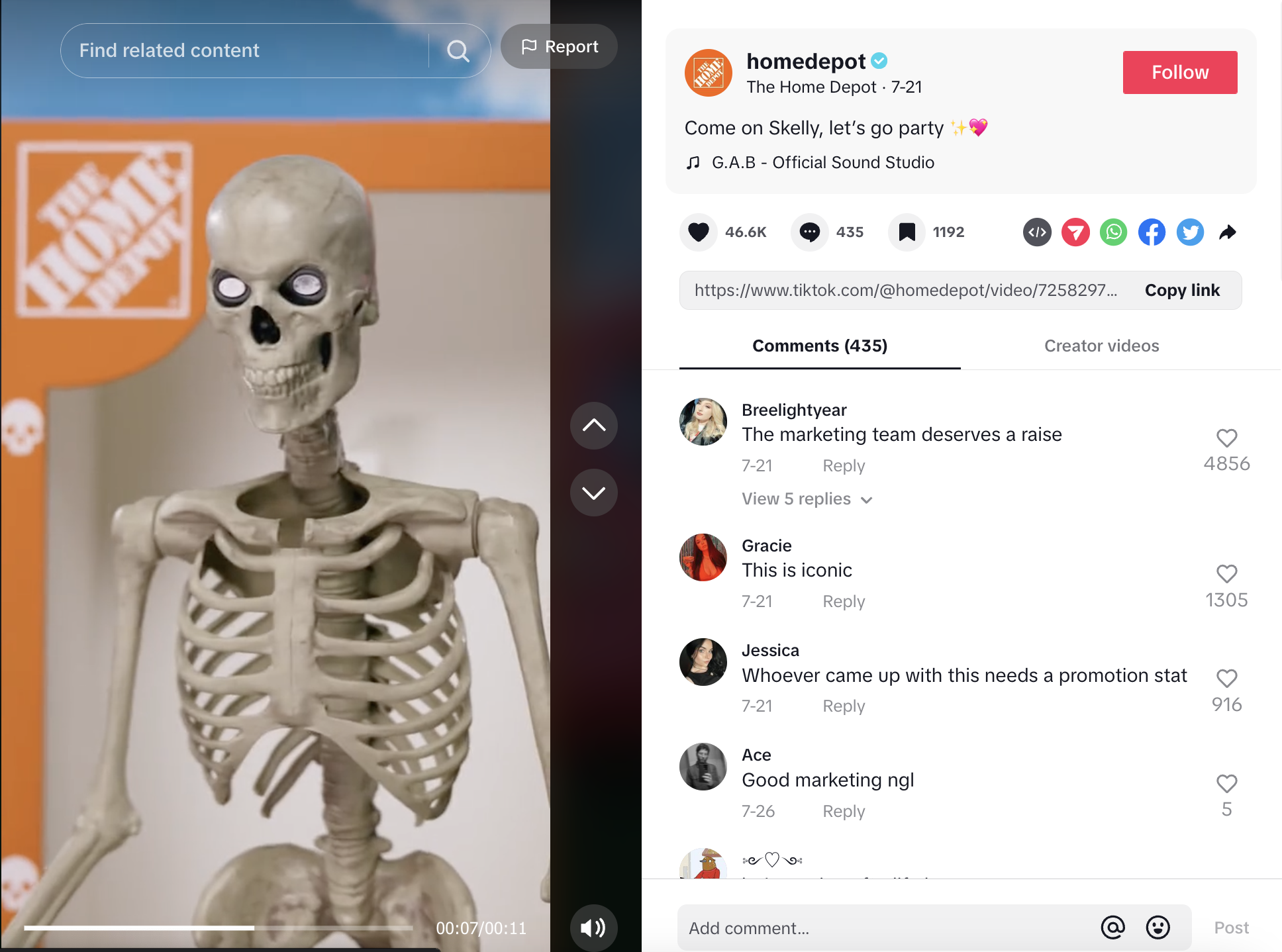 A TikTok video from The Home Depot featuring a skeleton in a Barbie-inspired box. The box is labeled with the brand's logo and the name, "Skelly." 