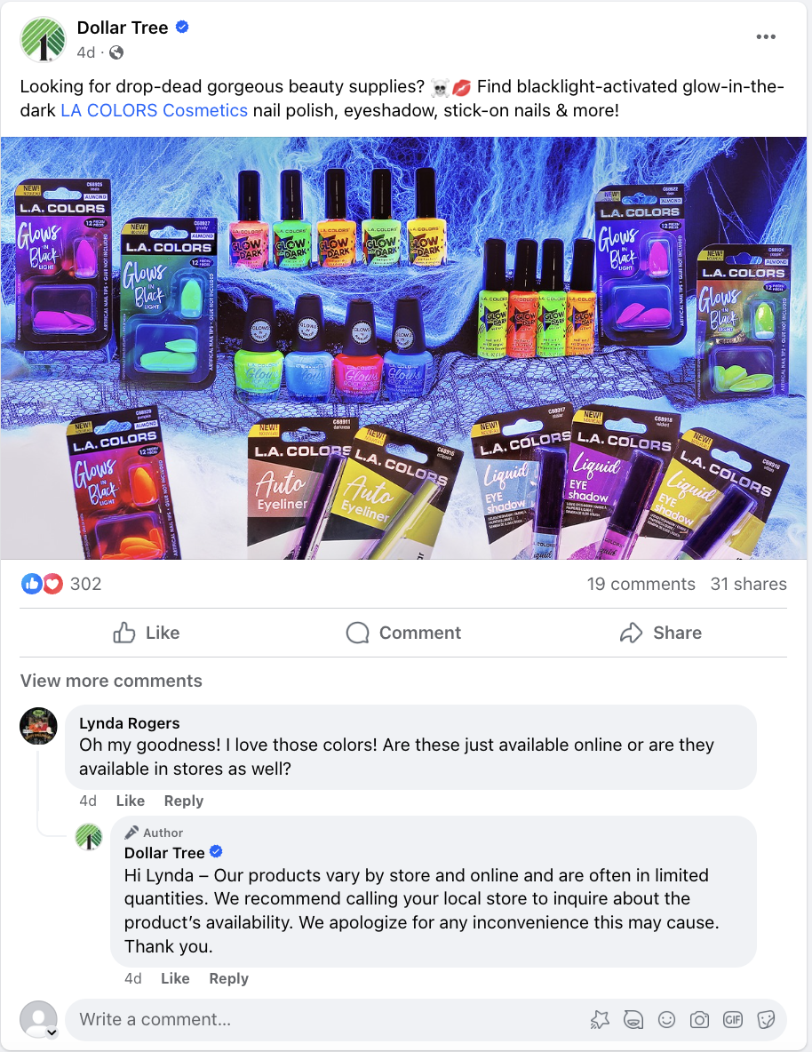 A Dollar Tree post on Facebook that showcases LA Colors Cosmetics for Halloween. A customer asks about availability in the comments and the brand responds promptly.