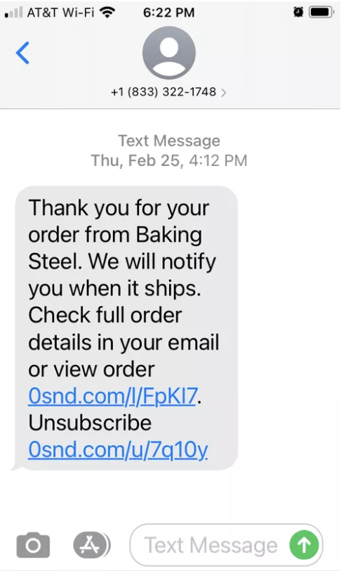 Screenshot of an SMS marketing text from brand Baking Steel providing order details and updates to the text subscriber. 
