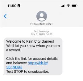 Screenshot of an SMS marketing text from brand Rain City Games, who welcomes subscribers to text alerts and a link to review account details.