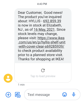 Screenshot of an SMS marketing text from brand IKEA, who sends a product restock notification to a specific product at a specific store location to text subscribers.