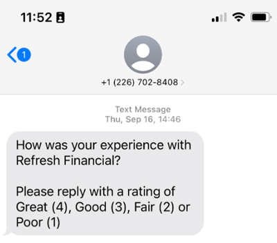 Screenshot of an SMS marketing text from brand Refresh Financial asking the recipient to rate their experience.