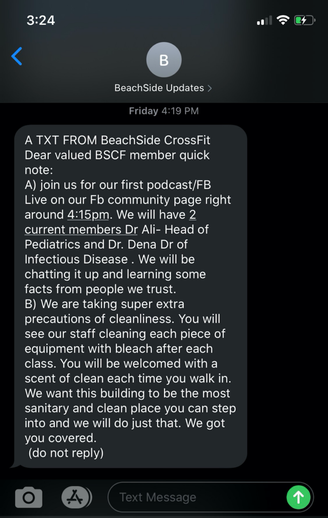 Screenshot of an SMS marketing text from BeachSide CrossFit alerting the recipient of a virtual event and of safety precautions of their gym locations.