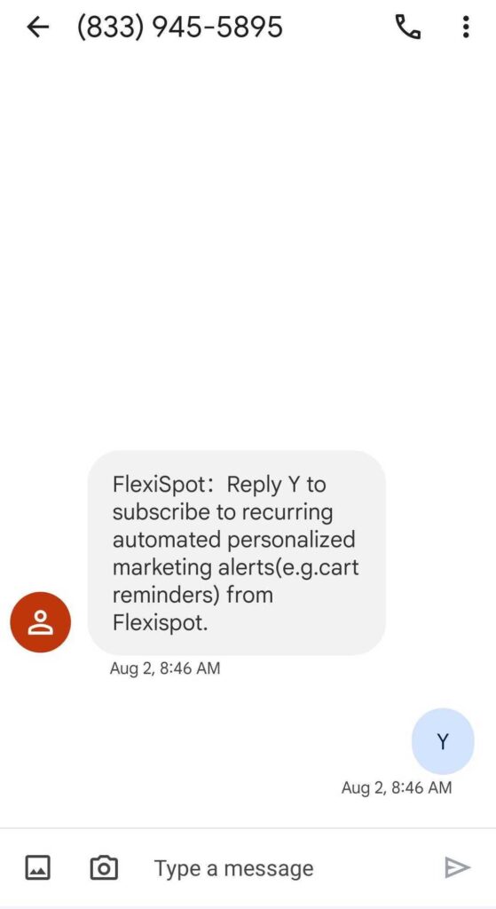 Screenshot of an SMS marketing text from brand Flexispot, who opens the text by stating their brand name and asking the recipient to confirm subscription to recurring automated texts.