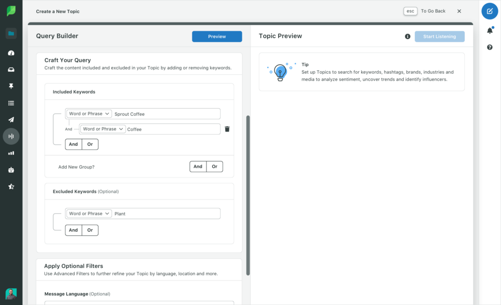 A screenshot of the Query Builder in Sprout's Social Listening solution. 