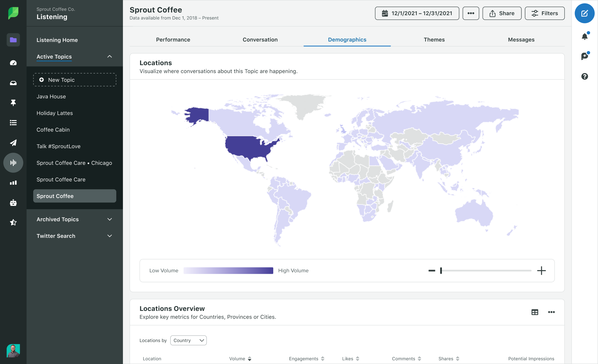 Sprout Social Listening Demographics Location map