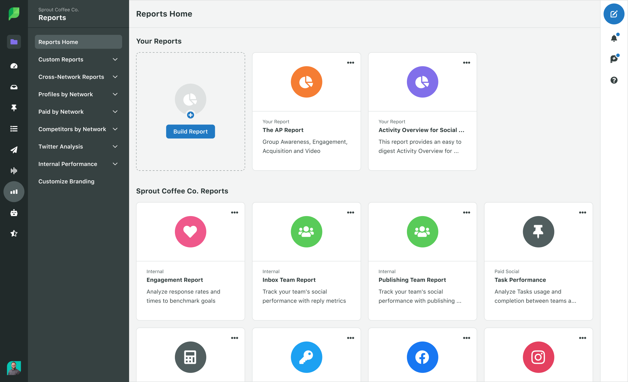 Analytics Reports dashboard on Sprout Social with the option to create different types of reports