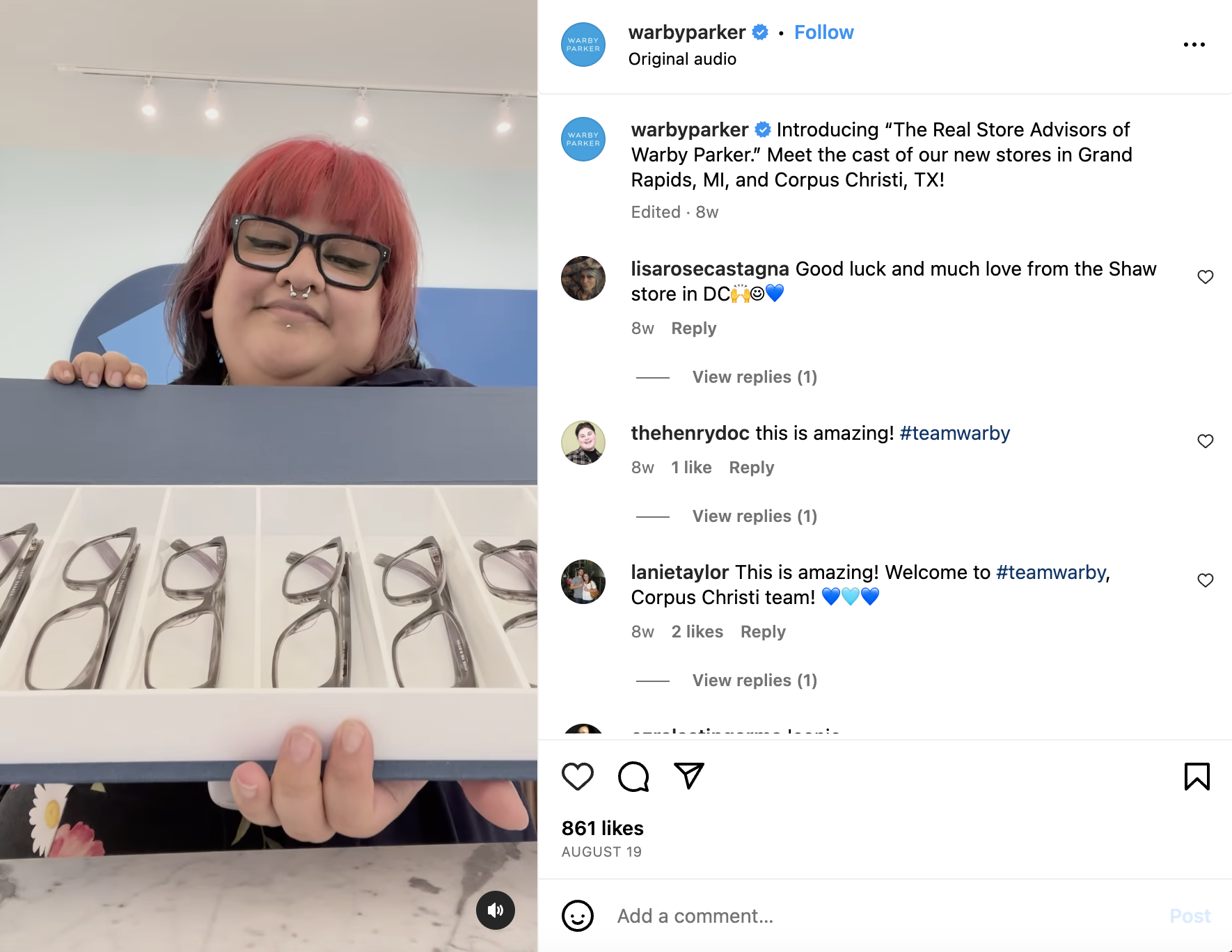 A Warby Parker Instagram Reel featuring their Grand Rapids team parodying the Real Housewives franchise. The comments reflect the viewers enjoy the video. 