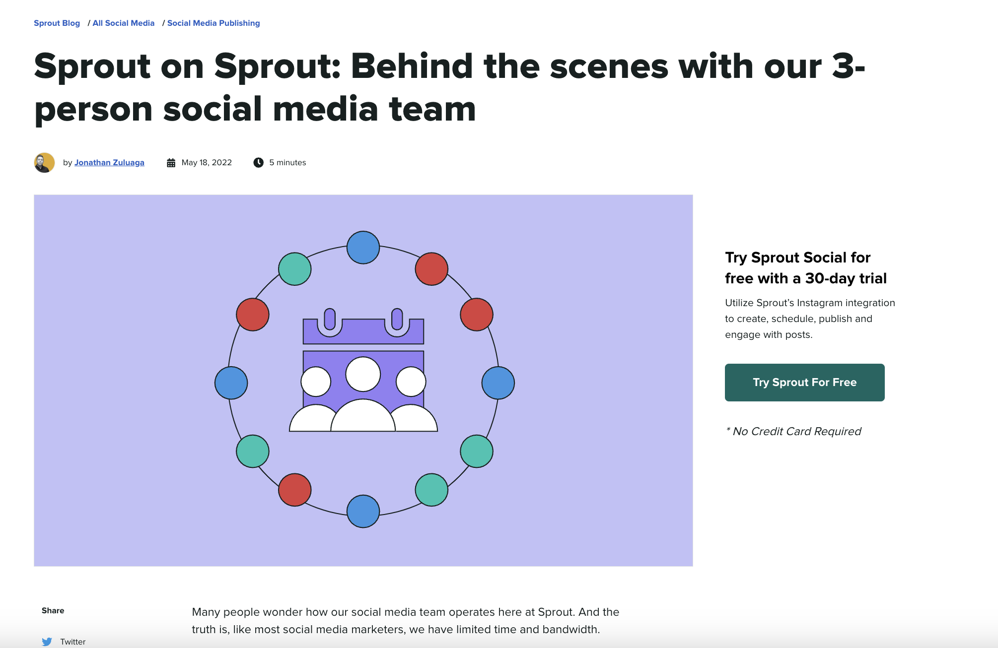 An Insights blog article titled, "Sprout on Sprout: Behind the scenes with our 3-person social media team."