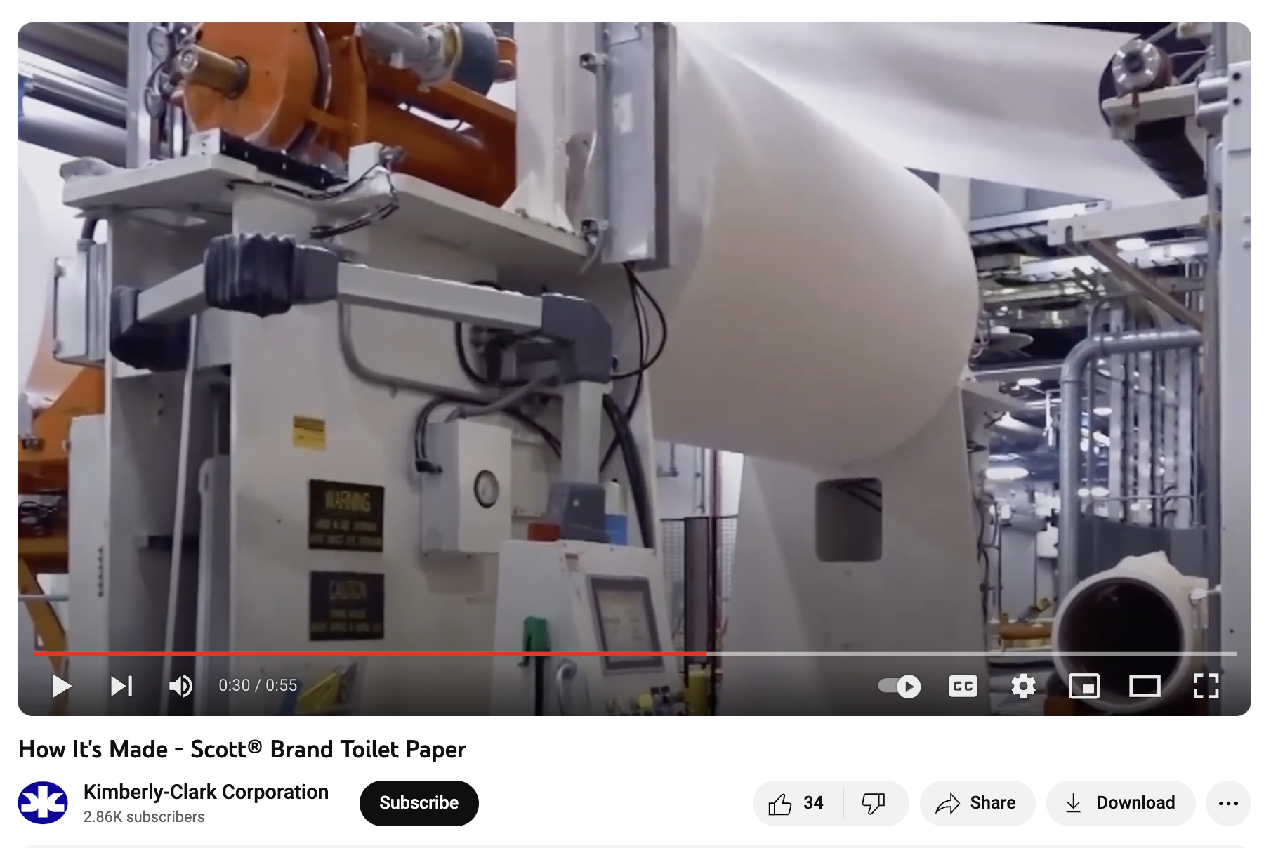 A Scott® YouTube video showing how toilet paper is made in the brand's factory.