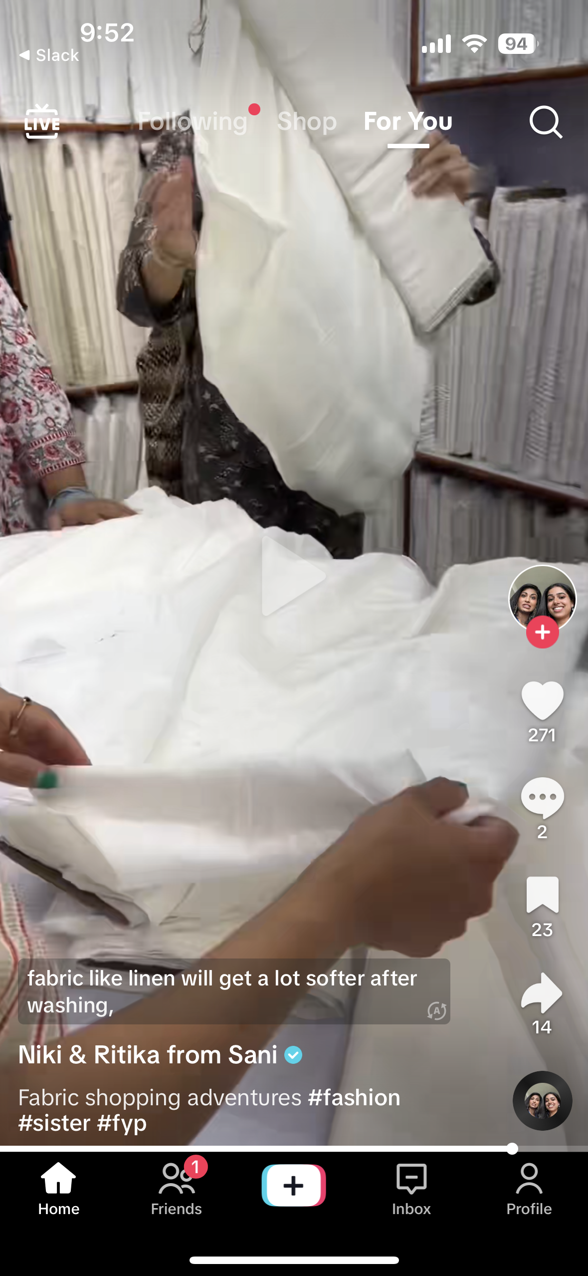A TikTok video from the clothing brand Sani showcasing the owners' fabric shopping adventure.